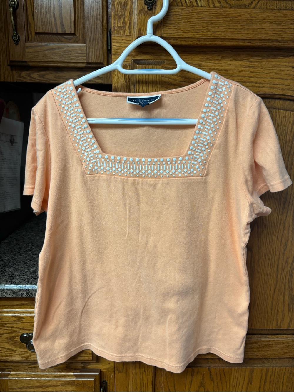 Karen Scott Peach Short Sleeve Square Neck Embellished Tee